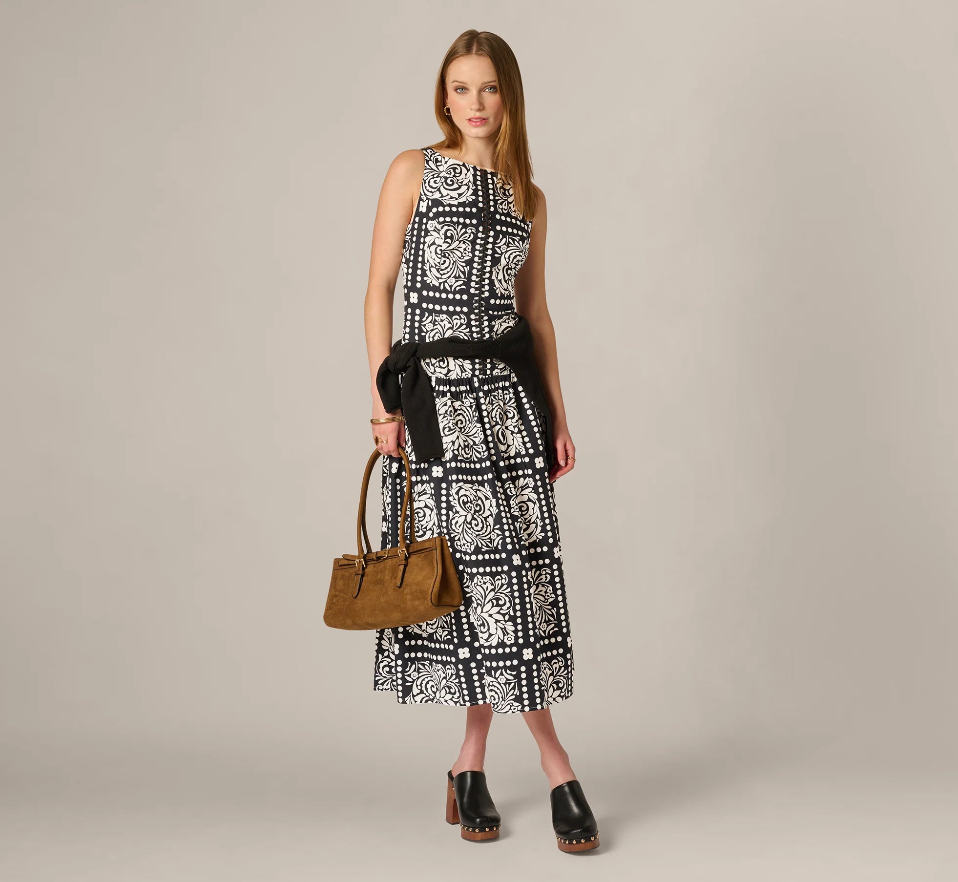 Drop Waist Cotton Tile Print Midi Sundress In Black Ivory