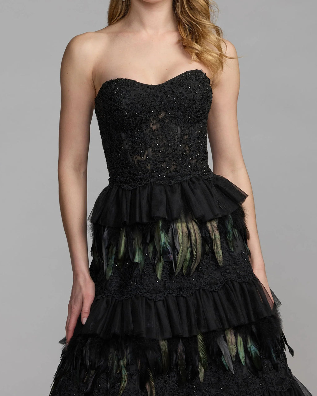 Black Strapless Sweetheart Lace Tiered Feather Ball Gown