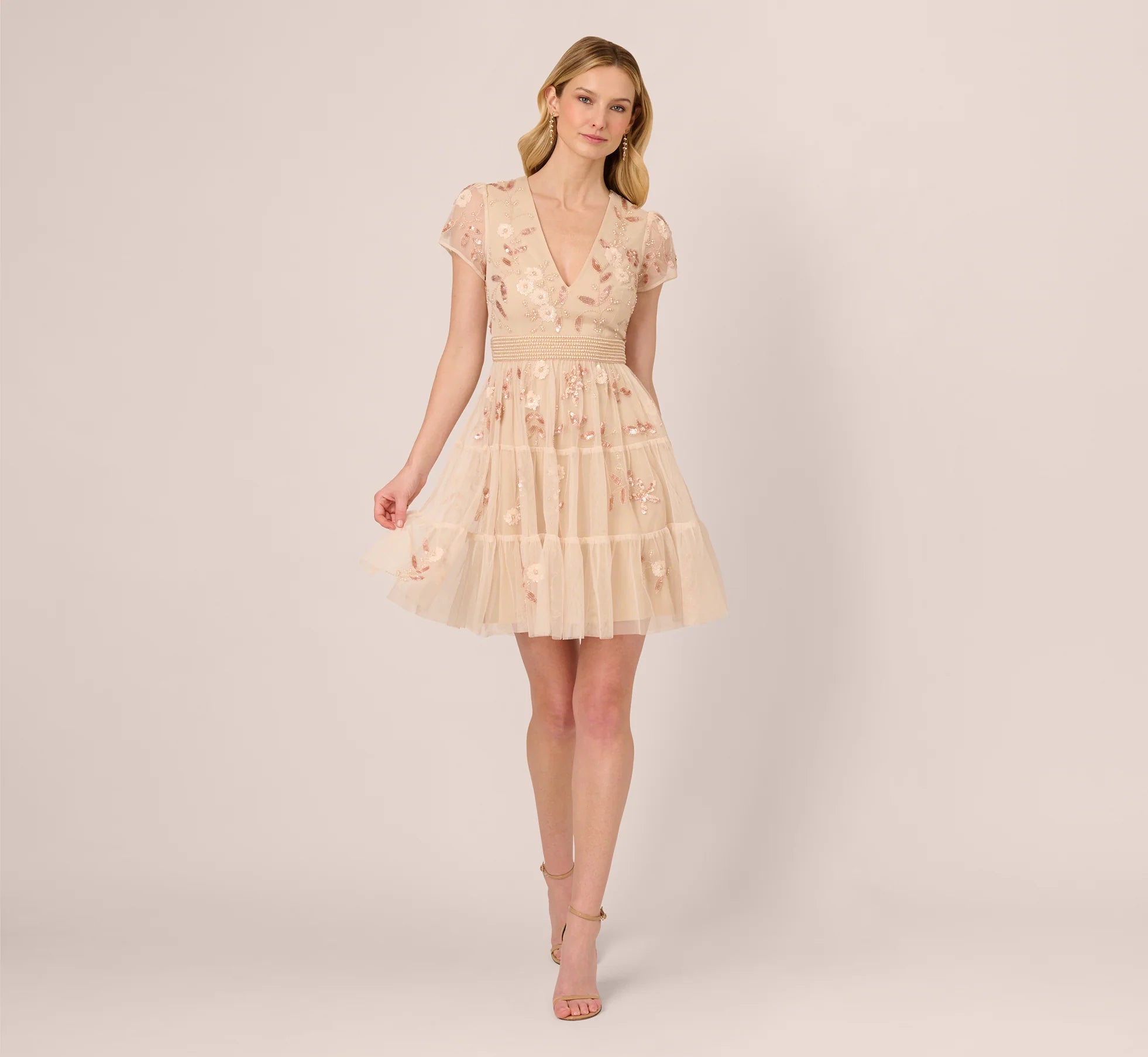 Cap Sleeve Pearly Sequin Cocktail Dress In Pale Pink