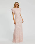 Gathered Short Sleeve Beaded Gown