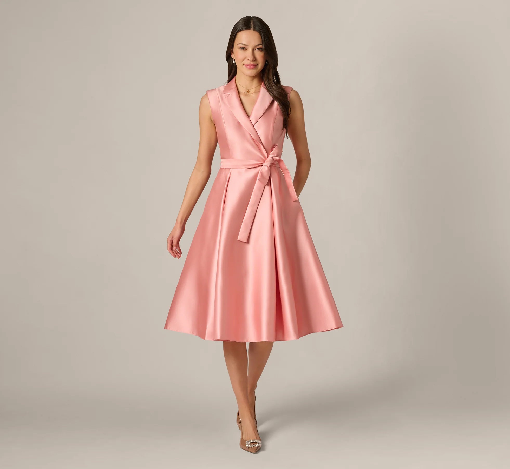 Mikado Lapel Belted Midi Dress In Apricot Ice