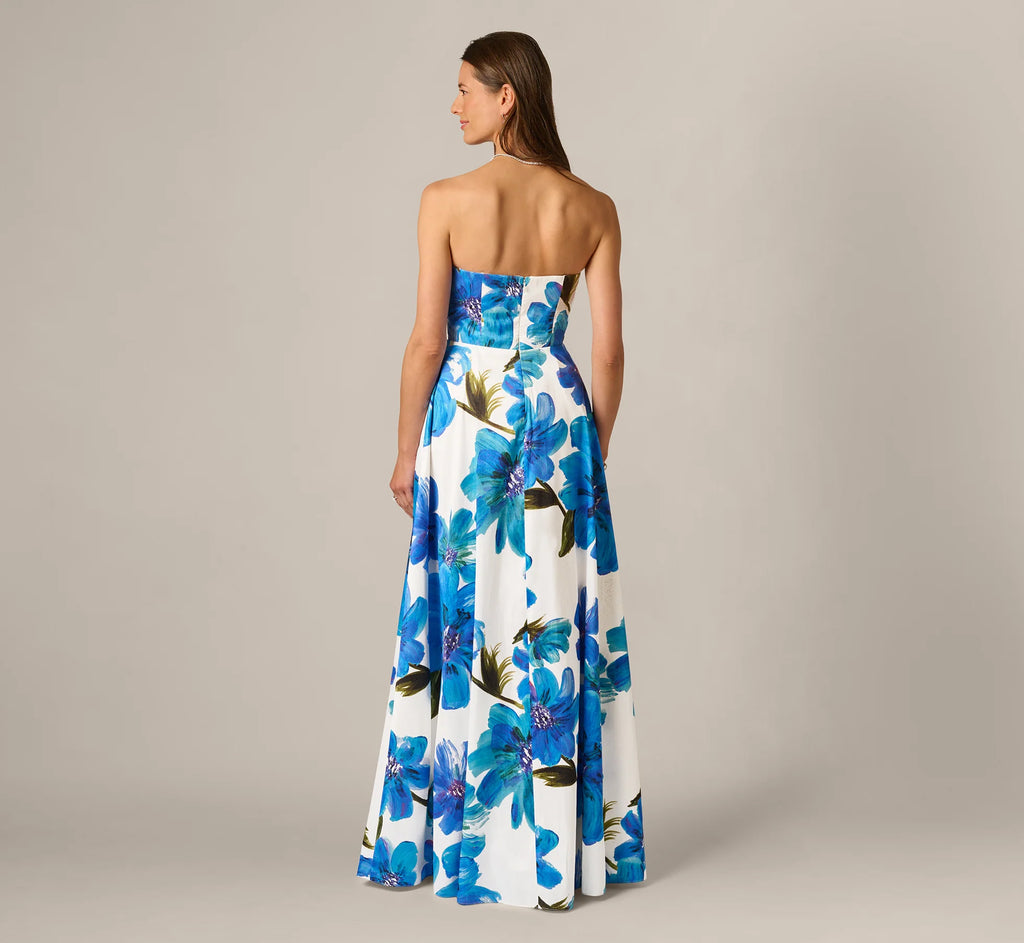 Strapless 3D Floral Beaded Dupioni Gown In Ivory Blue Multi