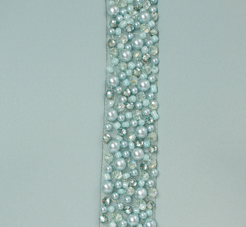Sleeveless Pearly Halter Peplum Gown In Aqua Dust
