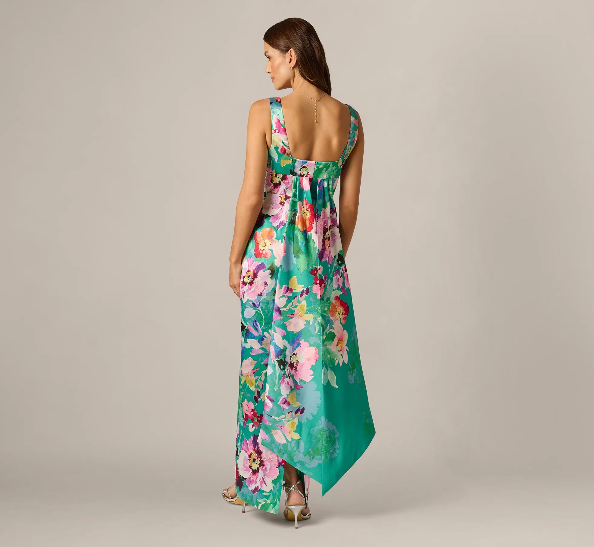 Floral Mikado Scarf Train Column Gown In Green Multi