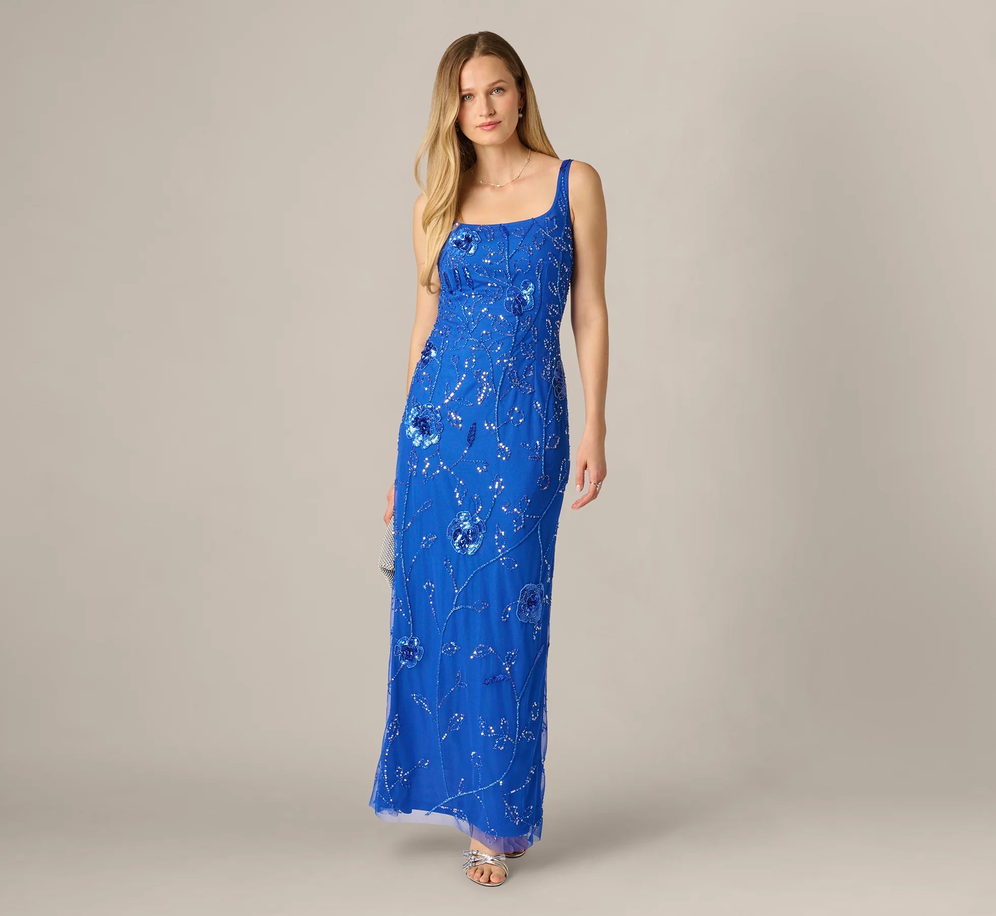 Sleeveless Floral Beaded Column Dress In Brilliant Sapphire