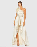 Beige Ruffled One Shoulder Cut Out Hi-Low Gown