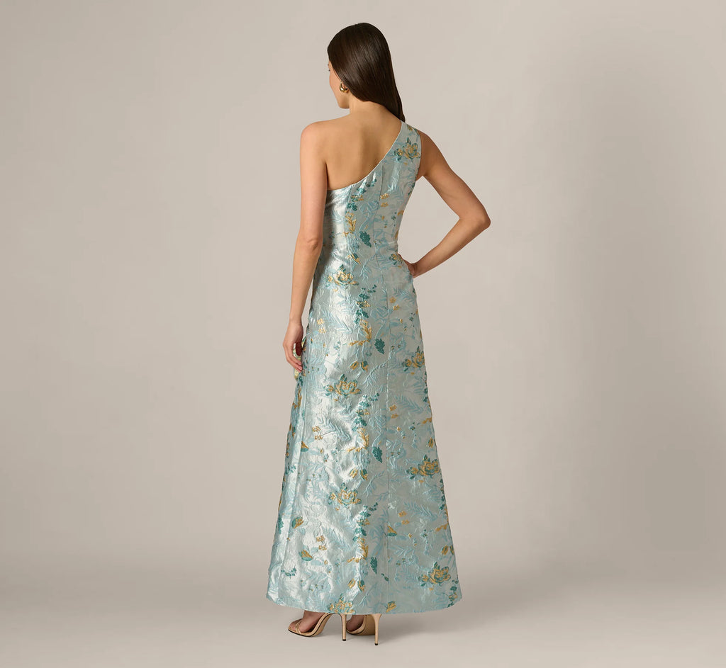 One Shoulder Floral Jacquard Rosette Gown In Blue Multi