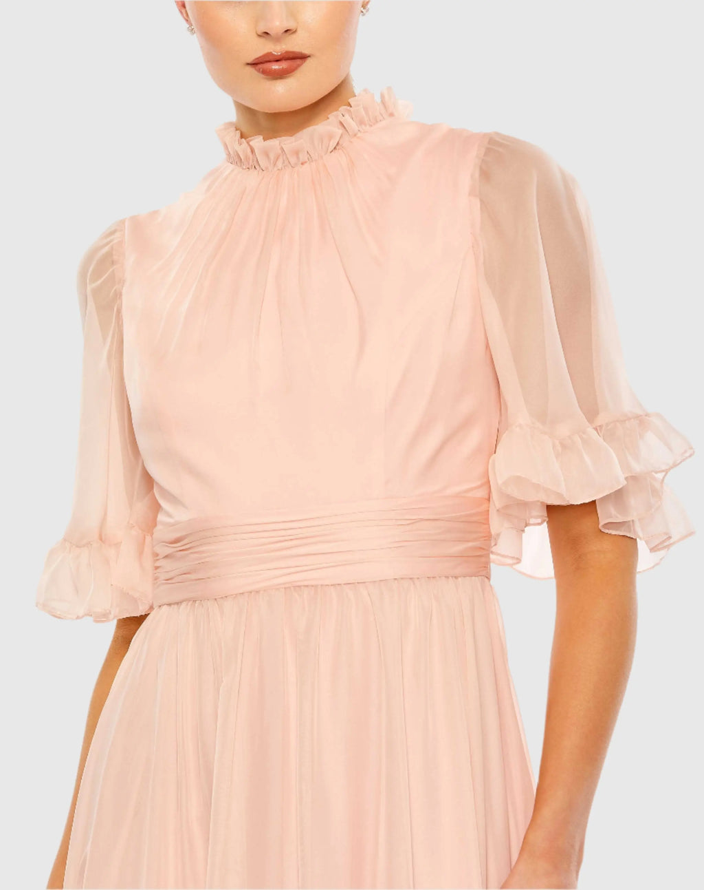 Pink Ruffled Mock Neck Flutter Sleeve High Low Hem Gown