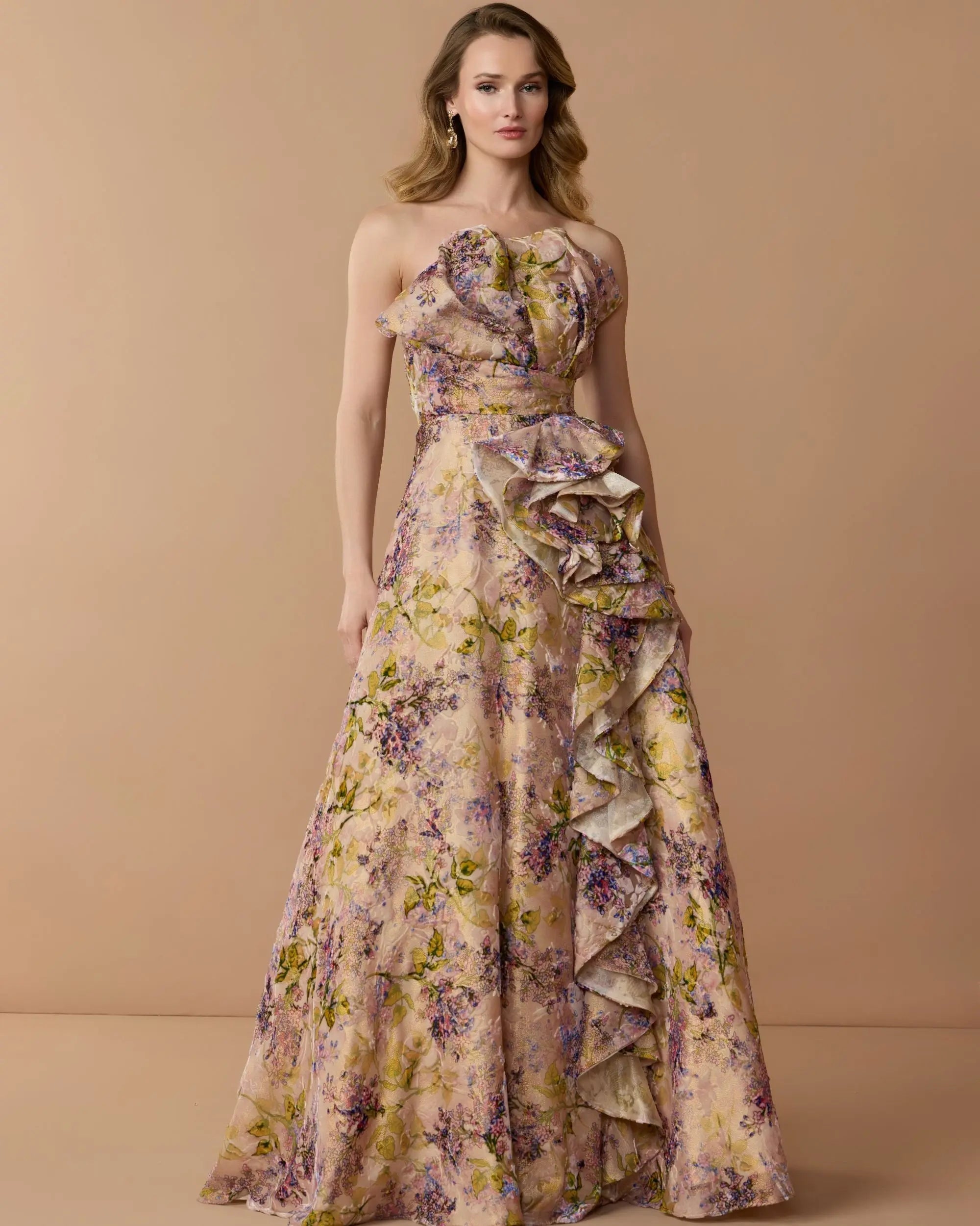 Pink Strapless Floral Ball Gown With Ruffle Detail