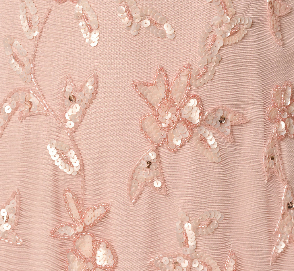 Flutter Sleeve Ruffle Floral Beaded Midi Dress In Blush Whisper
