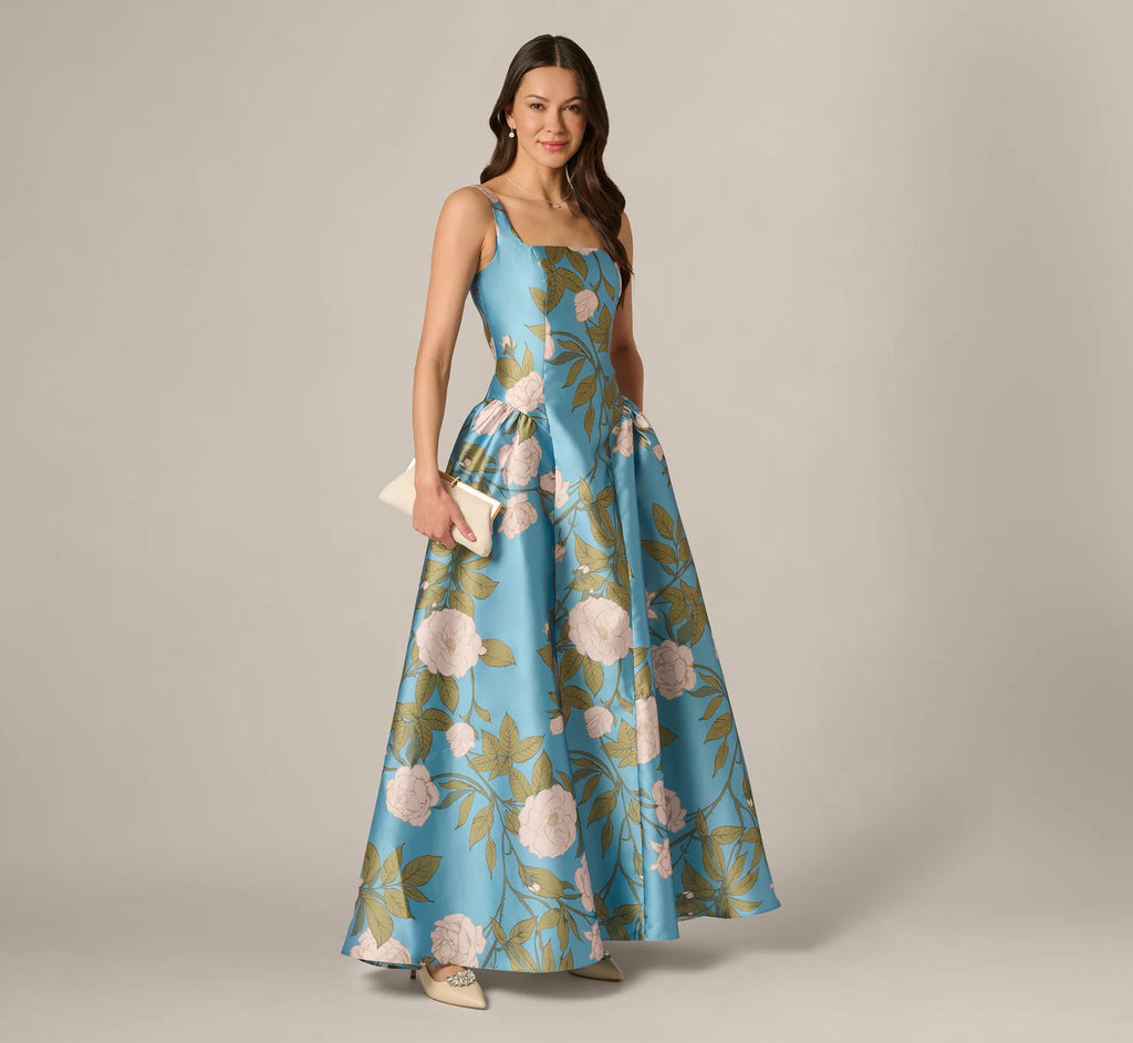 Drop Waist Square Neck Floral Ballgown In Blue Multi