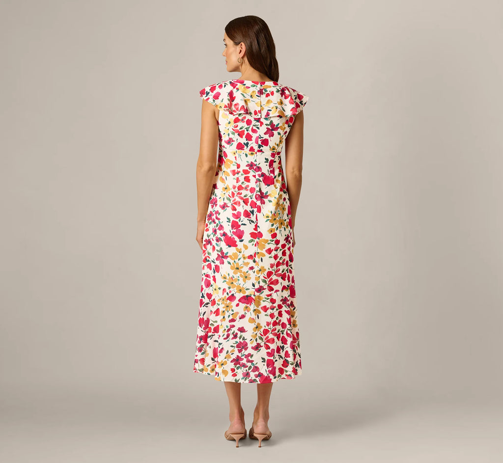 Flounce Collar Floral Print Midi Dress In Ivory Multi