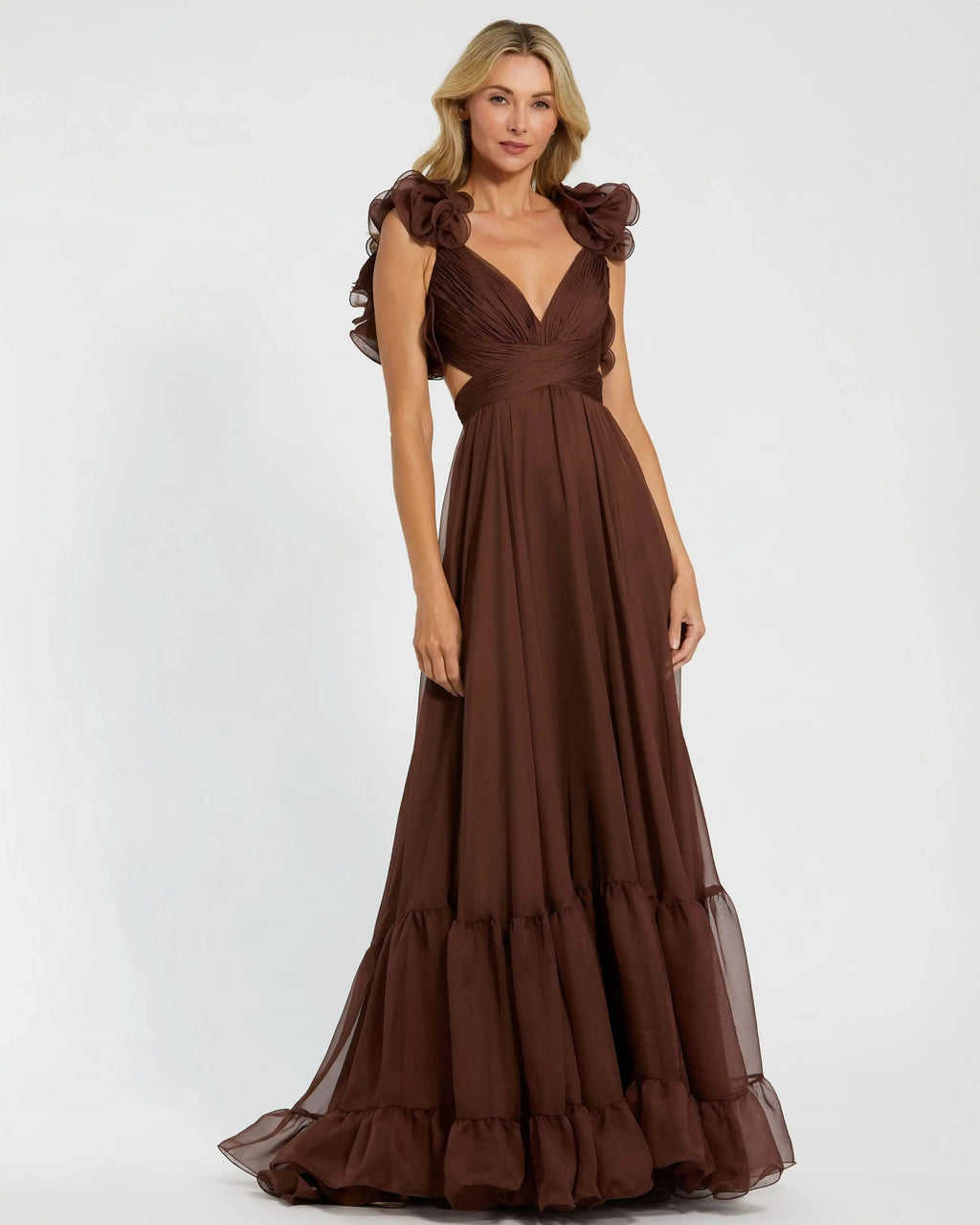 Ruffle Tiered Cut-Out Chiffon Gown
