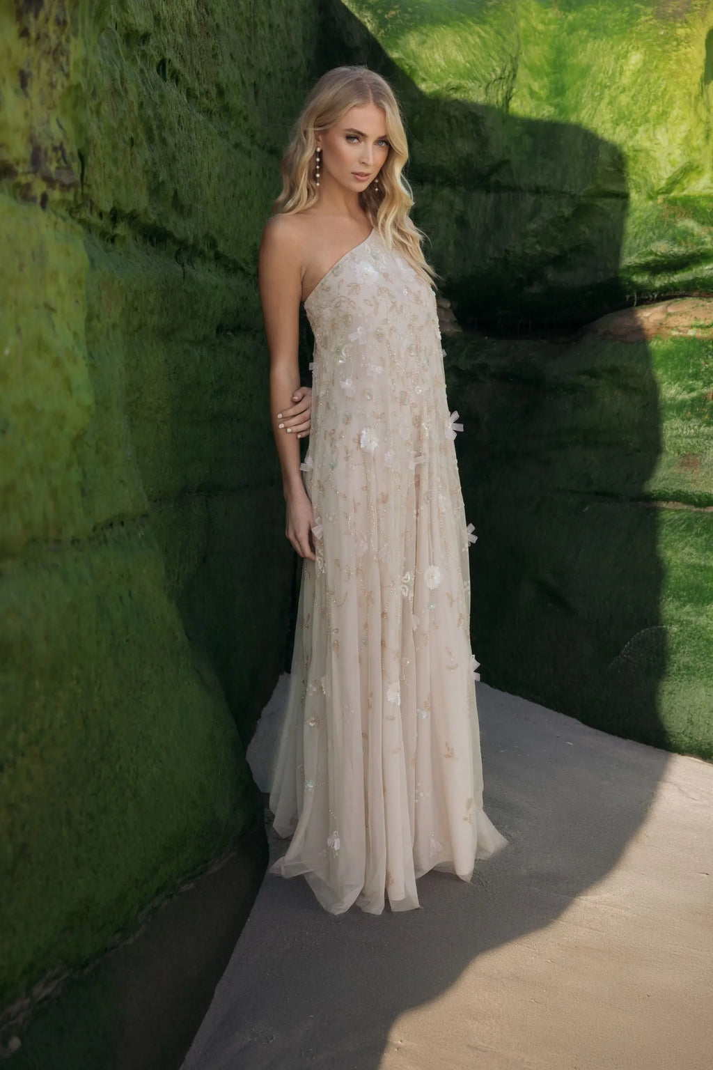 Beige One Shoulder Floral Embellished Trapeze Gown