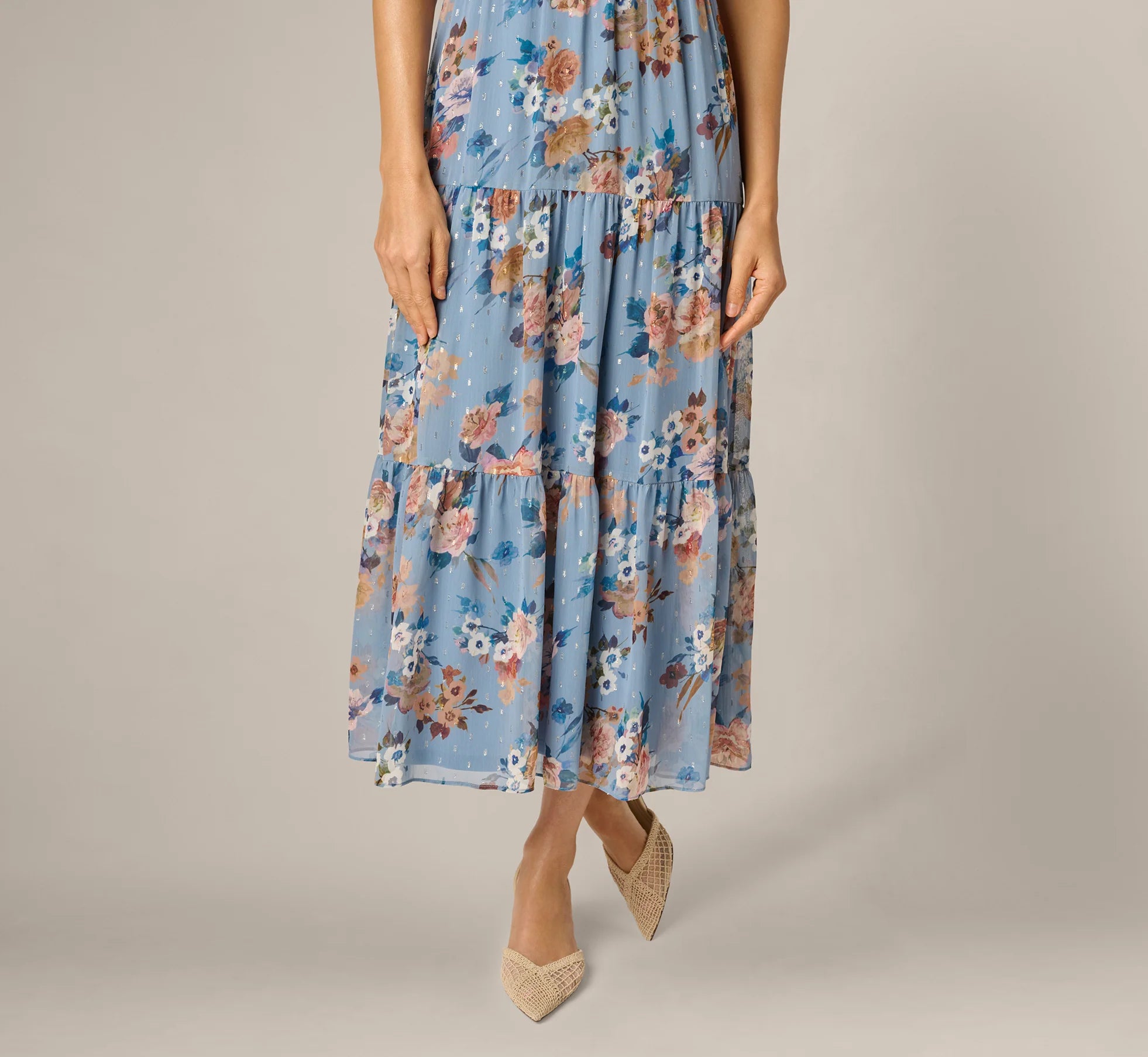Floral Meta Chiffon Tiered Halter Midi Dress In Blue Multi