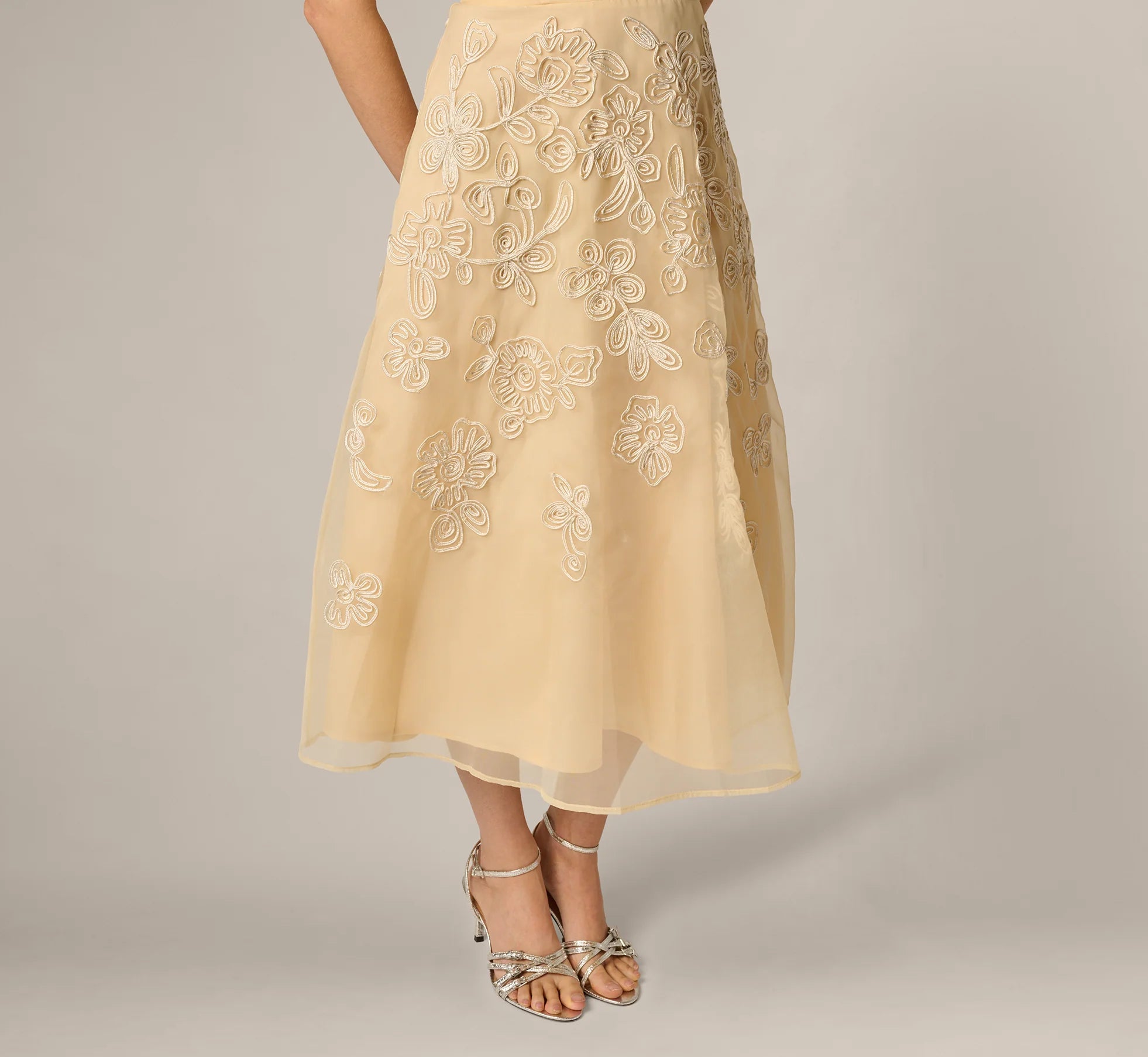 Strapless Floral Embroidered Organza Midi Dress In Maize