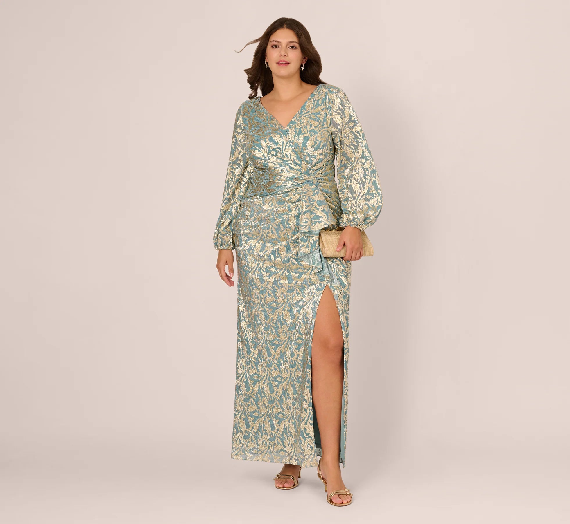 Plus Size Long Sleeve Metallic Crinkle Drape Gown In Mint Gold