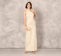 One Shoulder Metallic Stretch Jacquard Column Gown In Light Gold