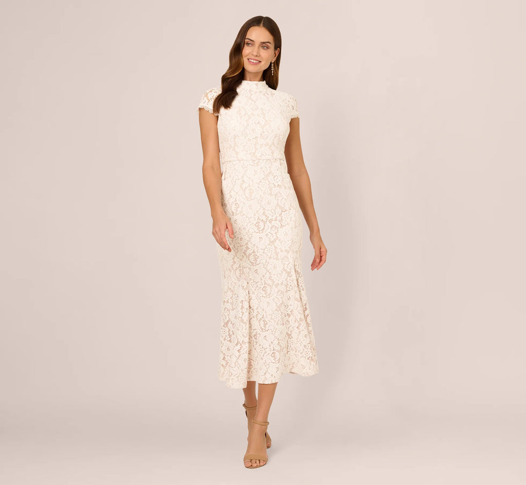 Cap Sleeve Lace Midi Dress In Ivory Nude