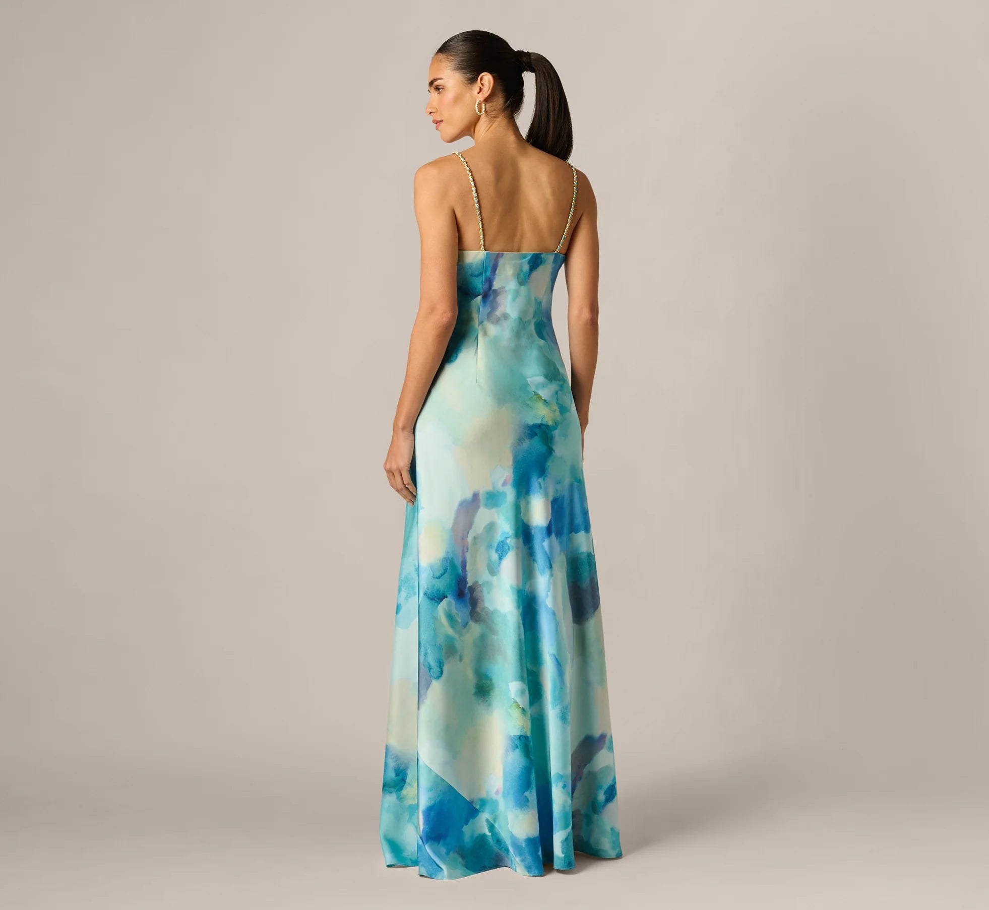 Draped Sateen Watercolor Gown In Blue Multi