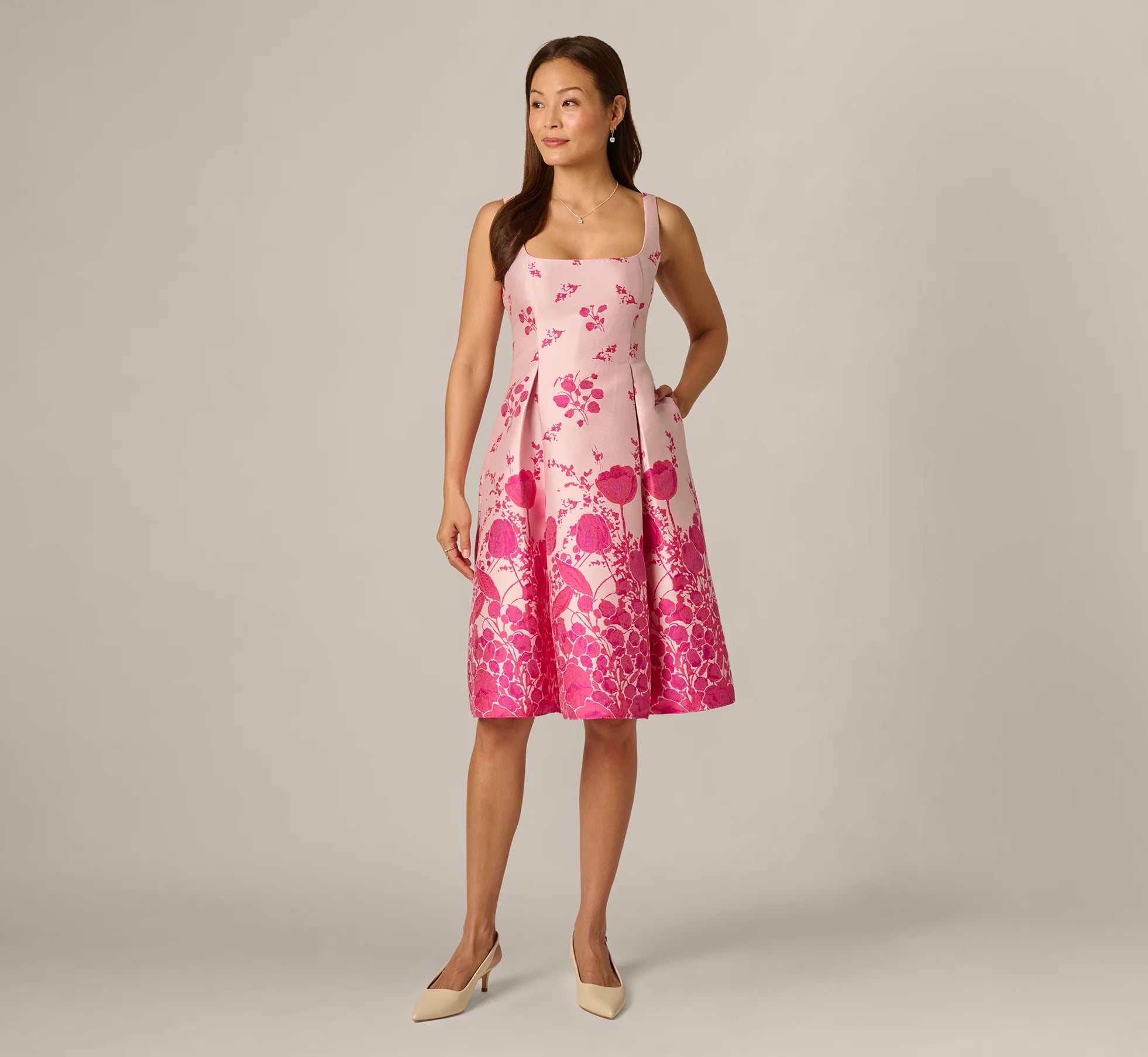 Square Neck Tulip Floral Border Jacquard Dress In Pink Multi