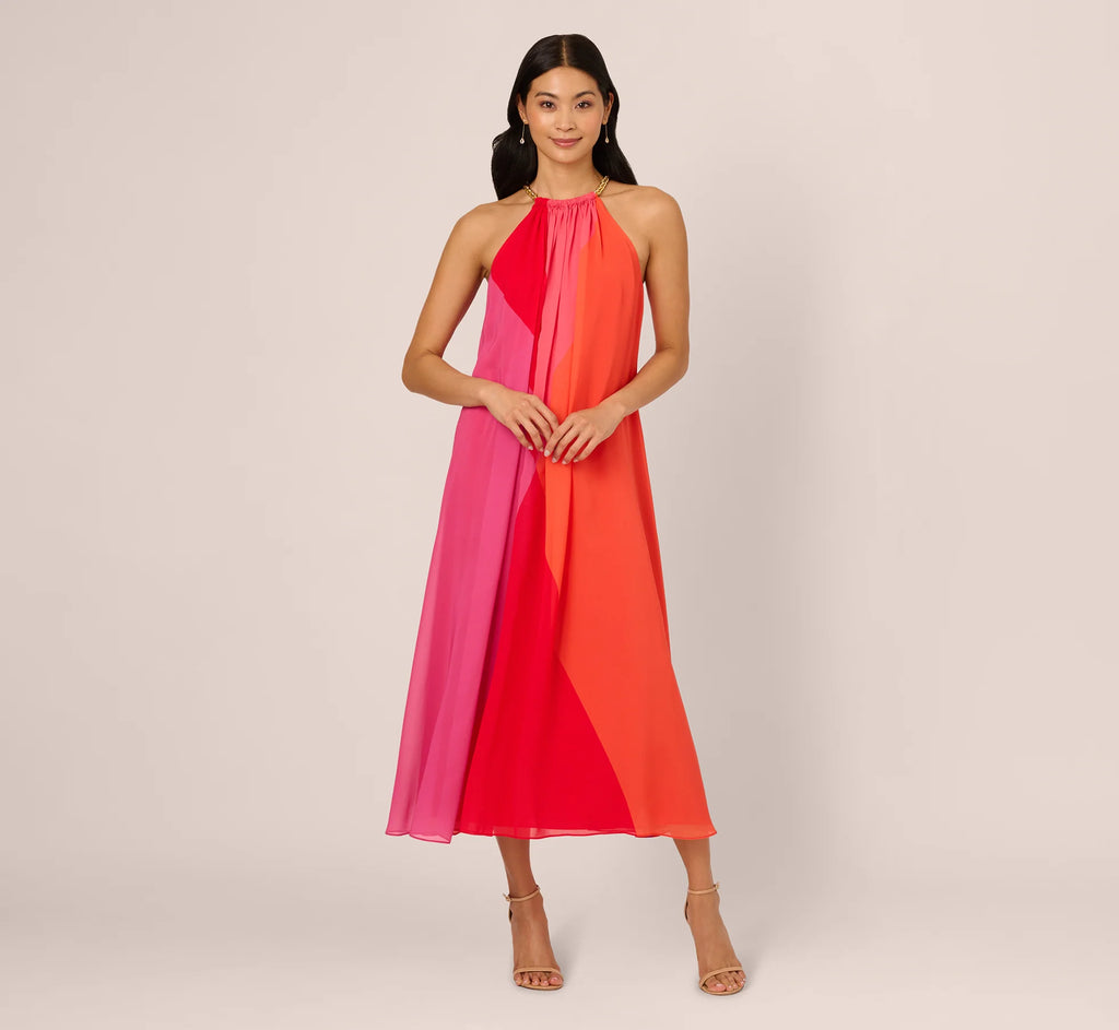 Color Block Chiffon Trapeze Dress With Chain Halter Neckline In Red Multi