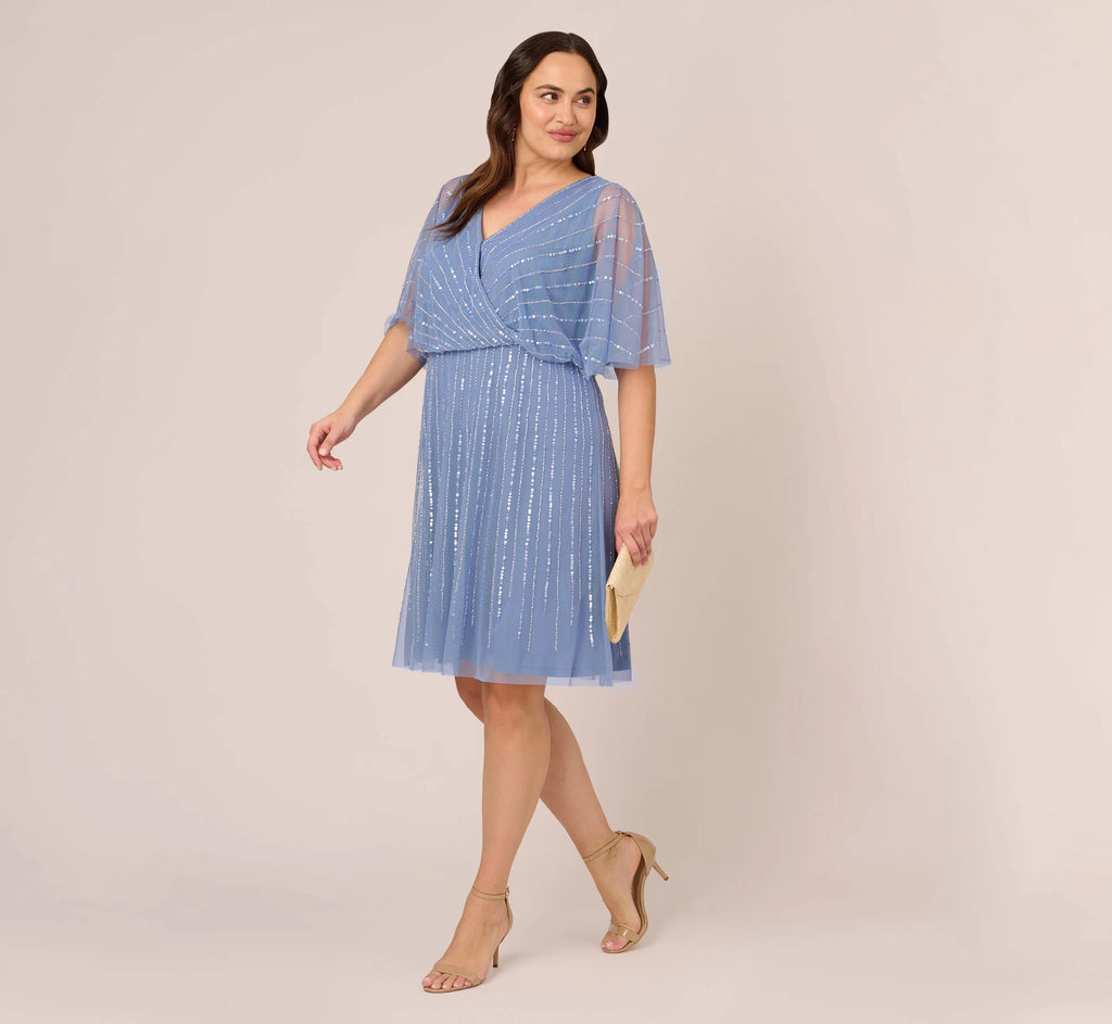 Plus Size Hand Beaded Illusion Faux Wrap Short Cocktail Dress In French Blue