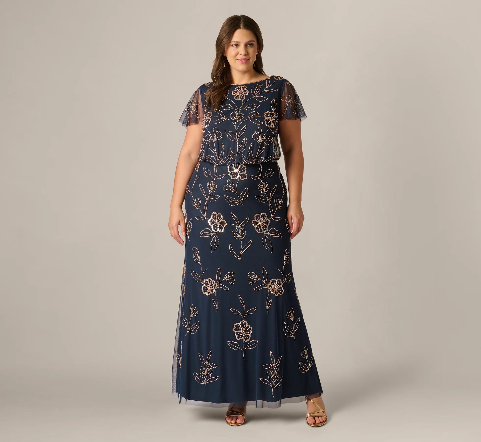 Plus Size Flutter Sleeve Floral Beaded Blouson Gown In Navy Rosegold