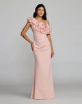 Pink One Shoulder Crepe Gown With 3D Flowers