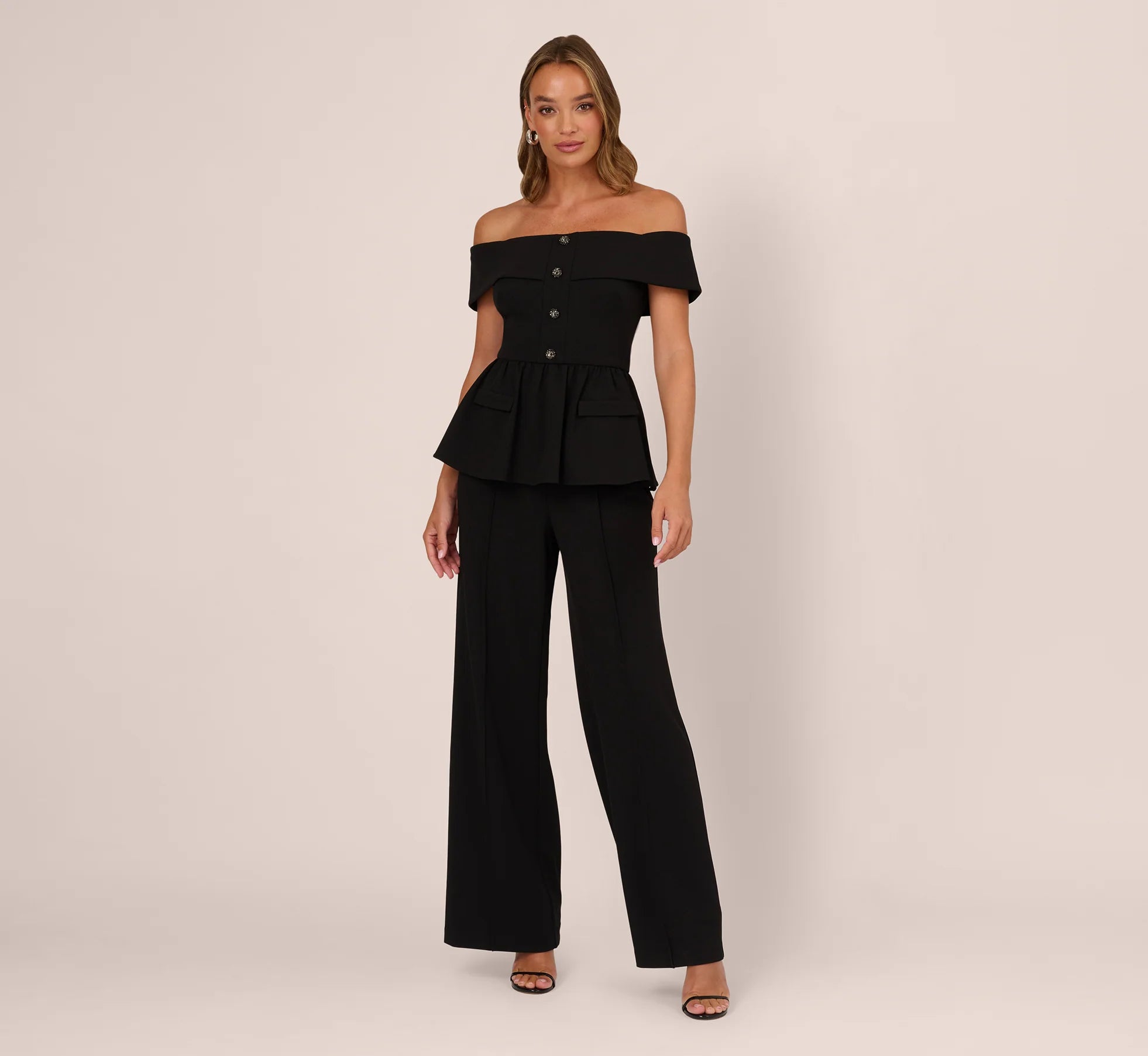 Off Shoulder Crepe Peplum Jumpsuit In Black