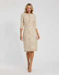 Beige Beaded Trim Boucle Midi Dress with 3/4 Sleeves