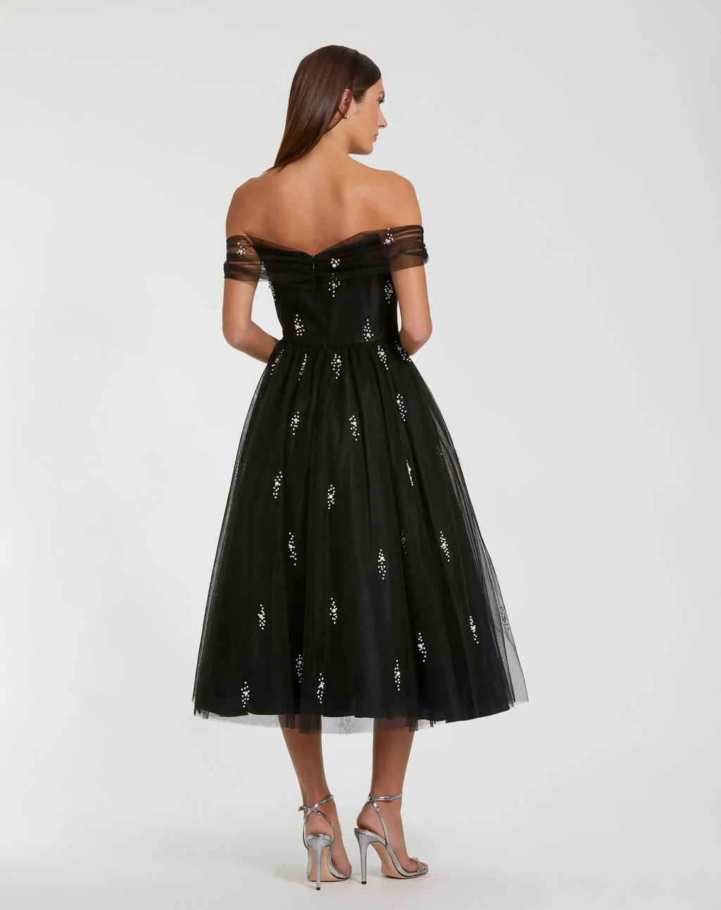 Tulle Off The Shoulder Pearl Embellished Cocktail Dress