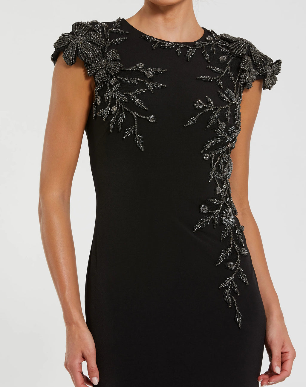 Black Cap Sleeve Jersey Column Gown With Beaded Flowers