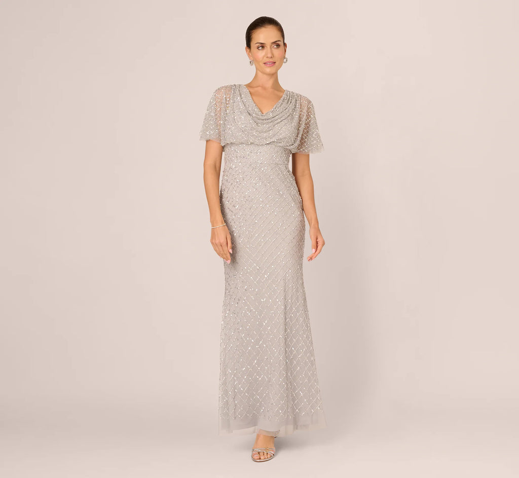 Short Sleeve Diamond Beaded Cowl Gown In Crystal Silver