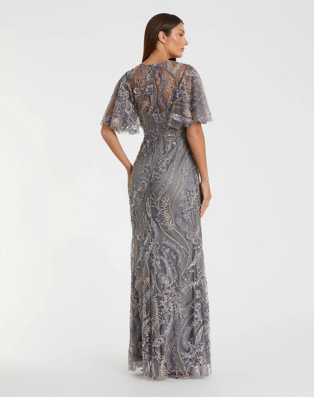 Gray High Neck Flutter Sleeve Embroidered Gown