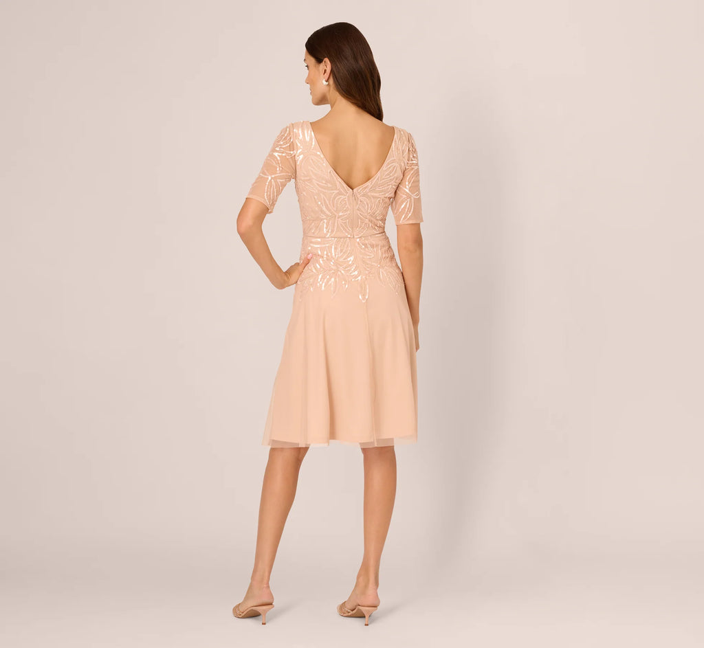 Short Sleeve Sequin Bead Midi Dress In Blush