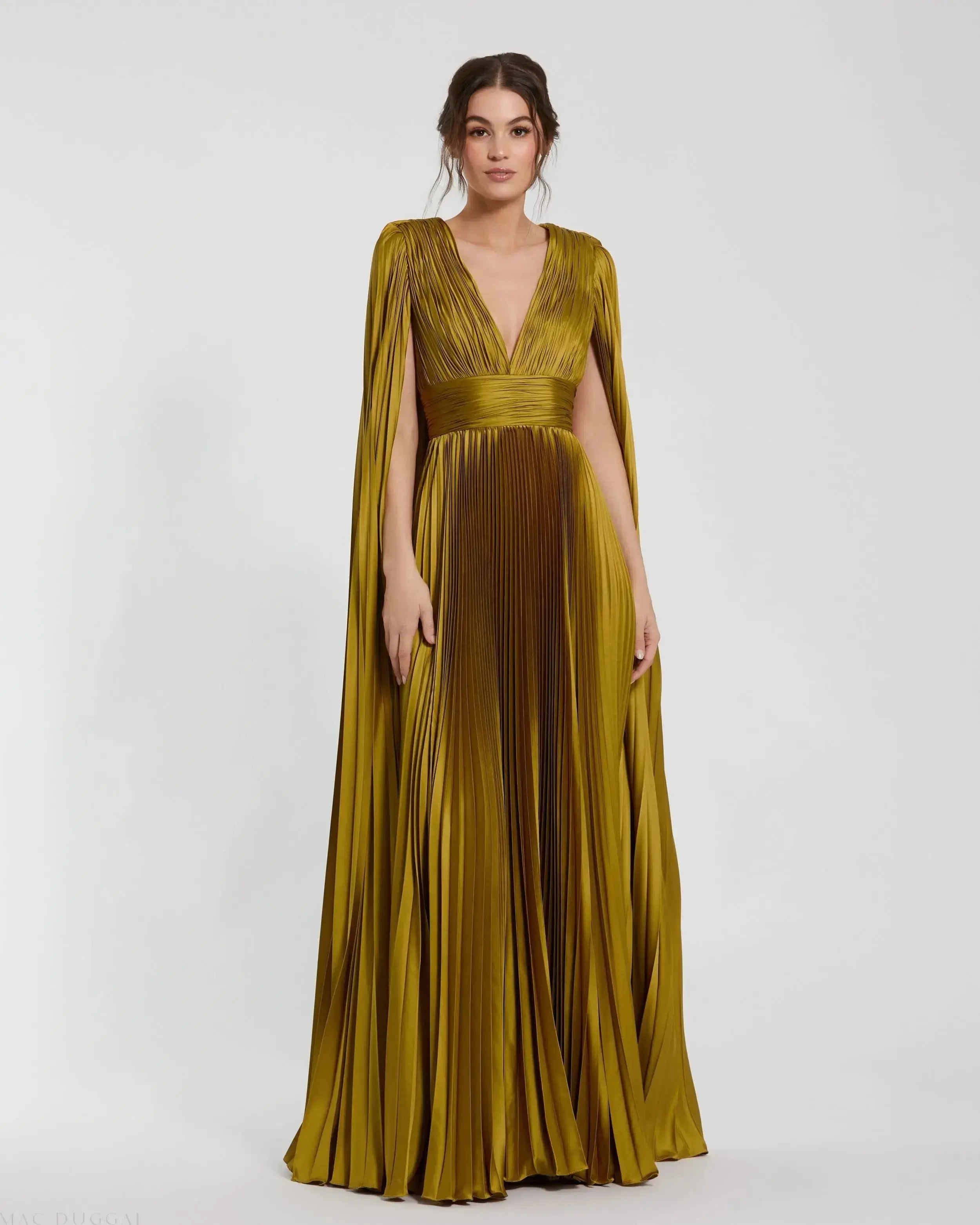 Petite Green Pleated Charmeuse V Neck Gown With Cape
