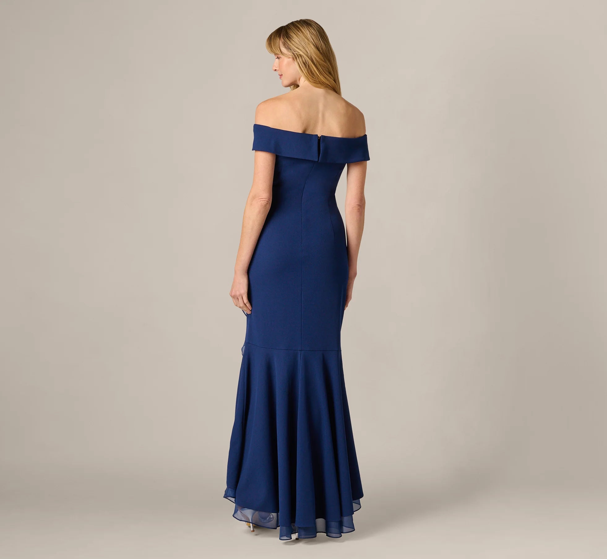 Off Shoulder Stretch Crepe Draped Gown In Navy Sateen