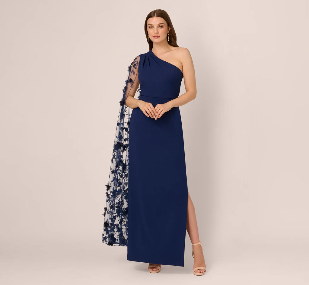 One Shoulder Floral Cape Sleeve Dress In Navy Sateen