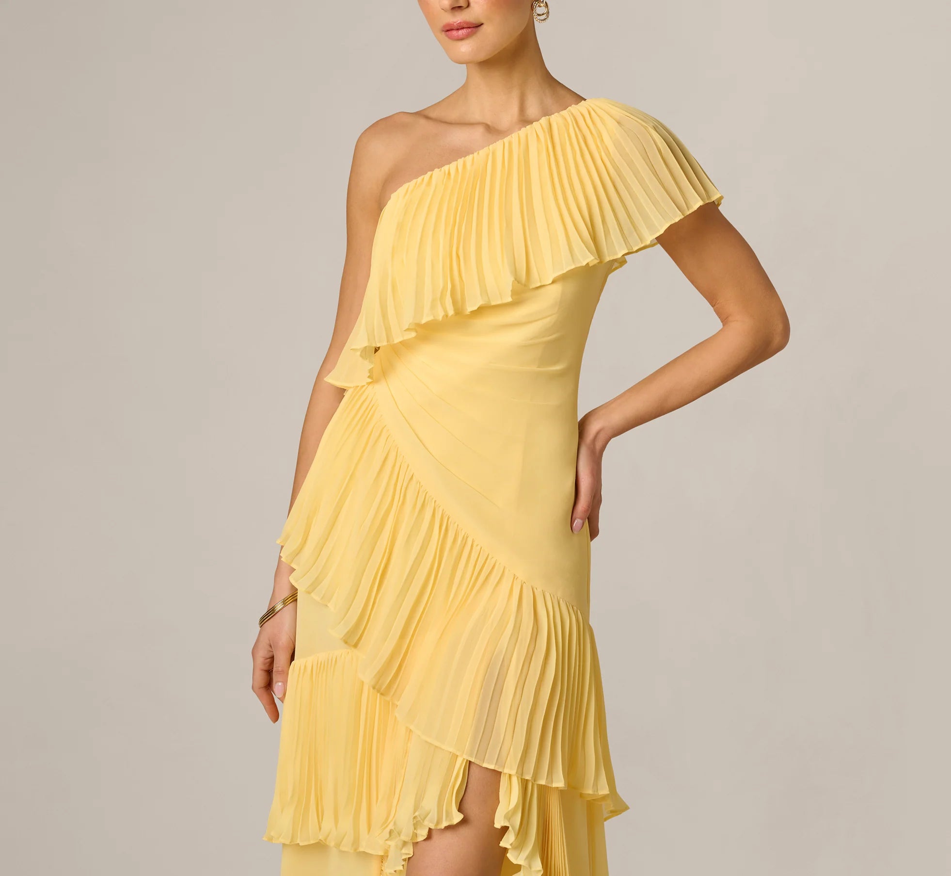 One Shoulder Pleated Flounce High Low Gown In Butter Yellow