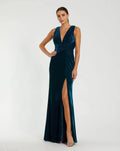 Blue Sleeveless Plunge Neck Pleated Velvet Gown