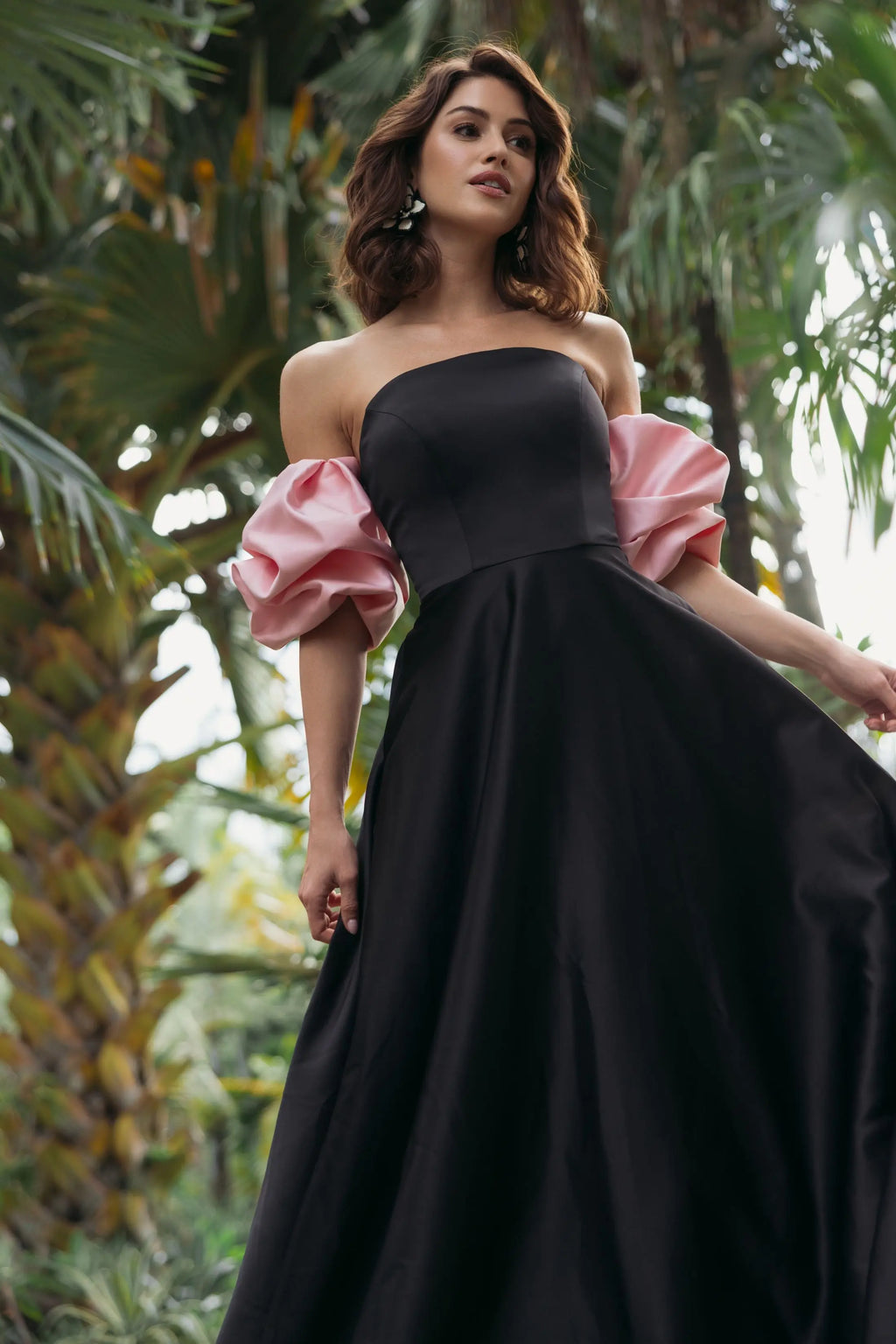 Black Satin Off The Shoulder Puff Sleeve Ball Gown