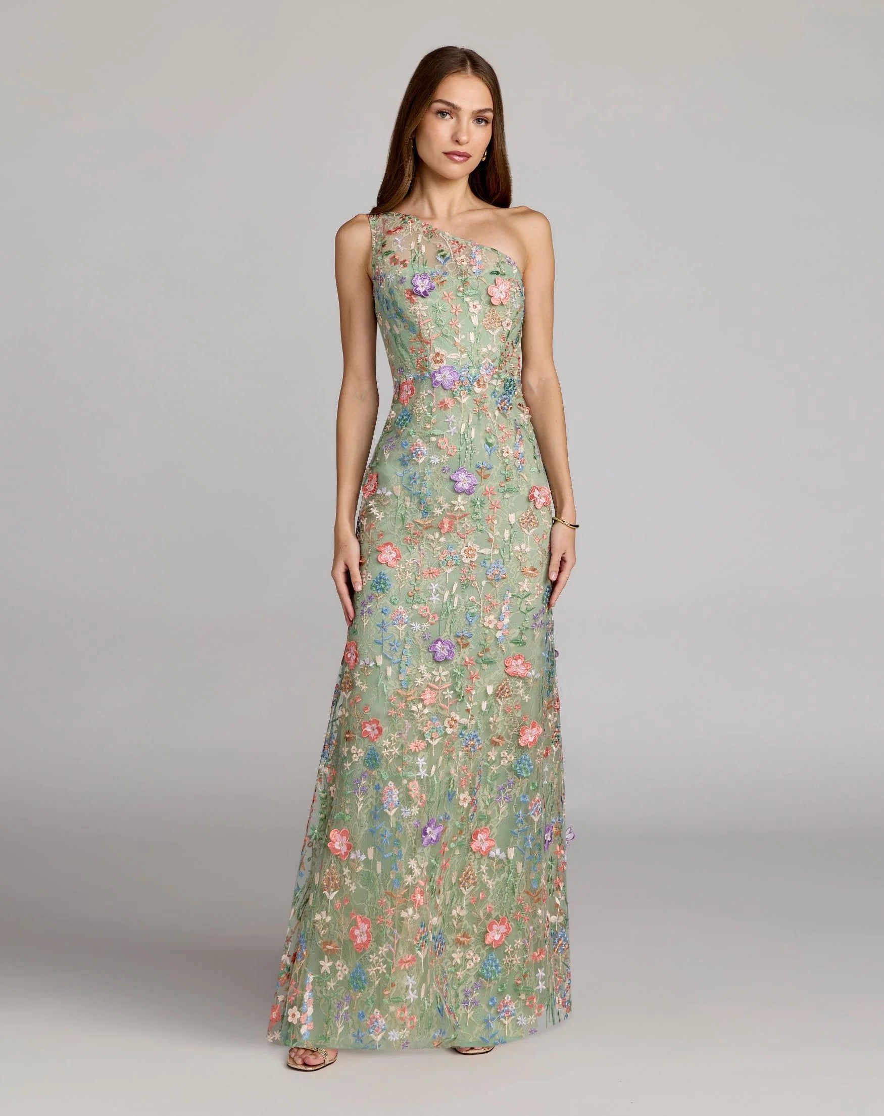 Petite Green One Shoulder Floral Embroidered Gown