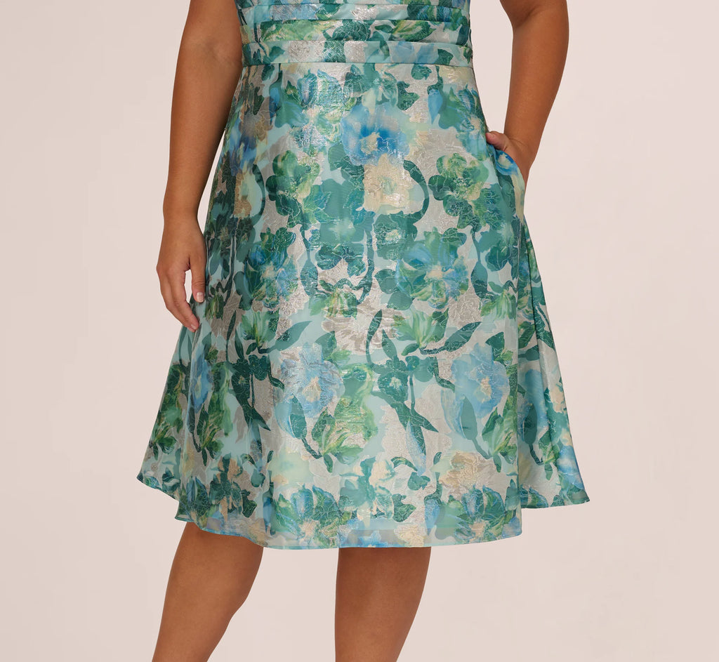 Plus Size Metallic Floral Jacquard Midi Dress In Blue Multi