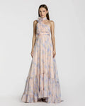 Pink Asymmetrical Ruffled Halter Floral Gown