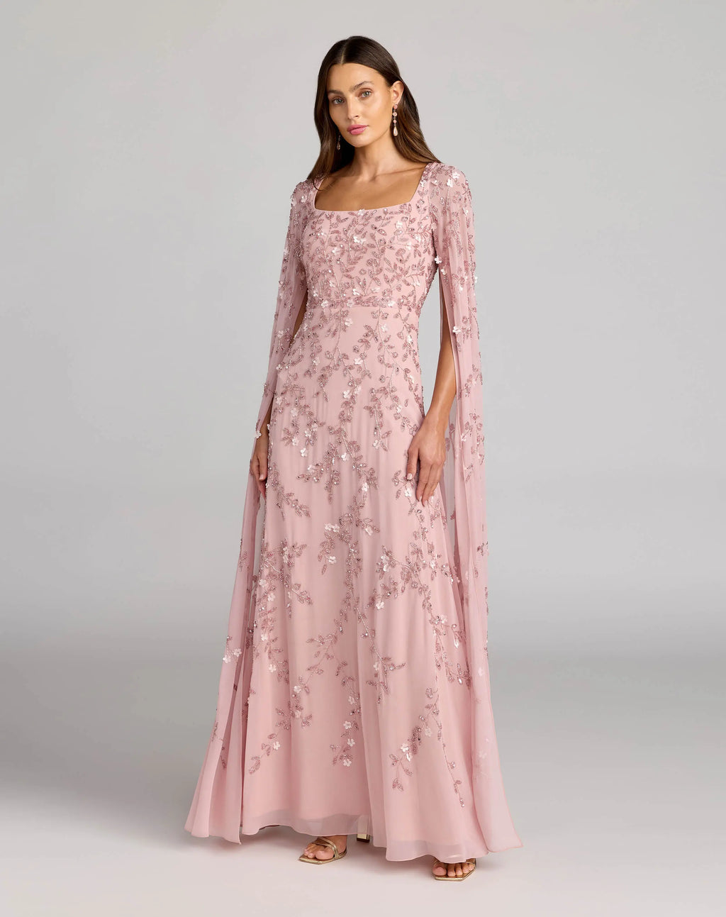 Petite Pink Beaded Square Neck Cape Sleeve Gown