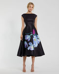Satin Cap Sleeve Midi Dress With Floral Print