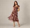 Flutter Sleeve Floral Metallic Chiffon Midi Dress In Brown Multi