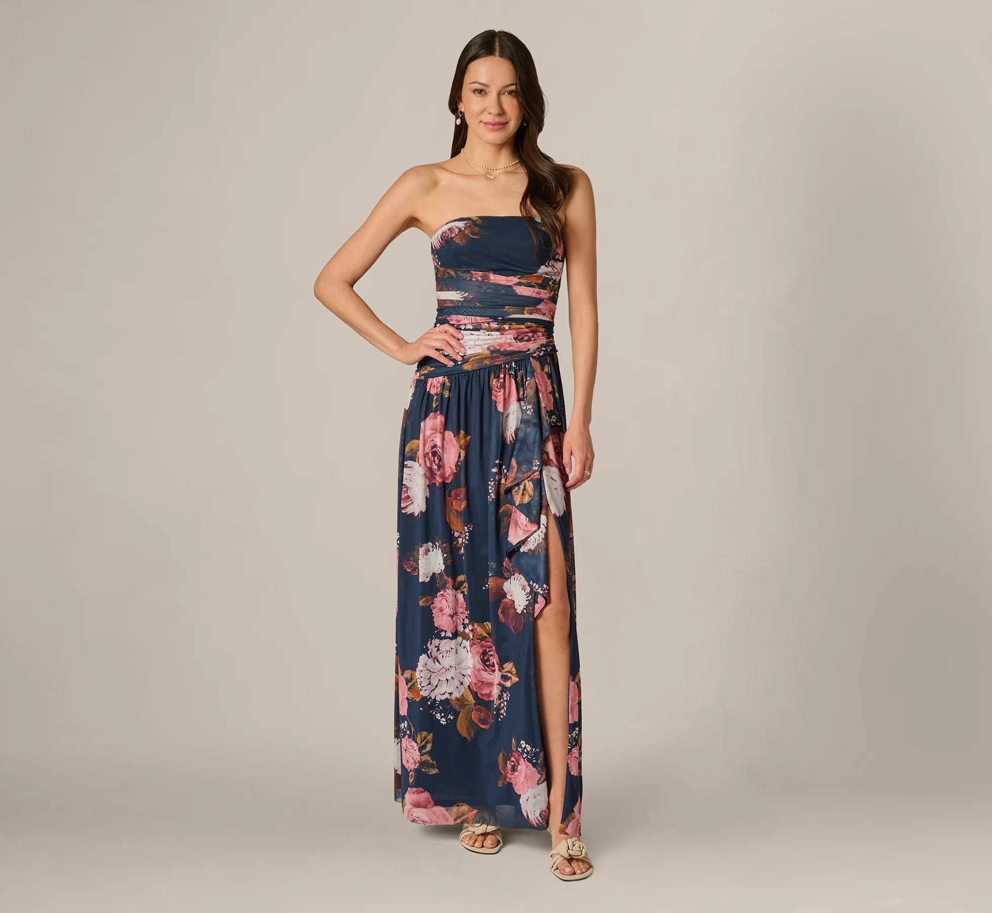 Strapless Ruched Floral Stretch Mesh Gown In Navy Multi