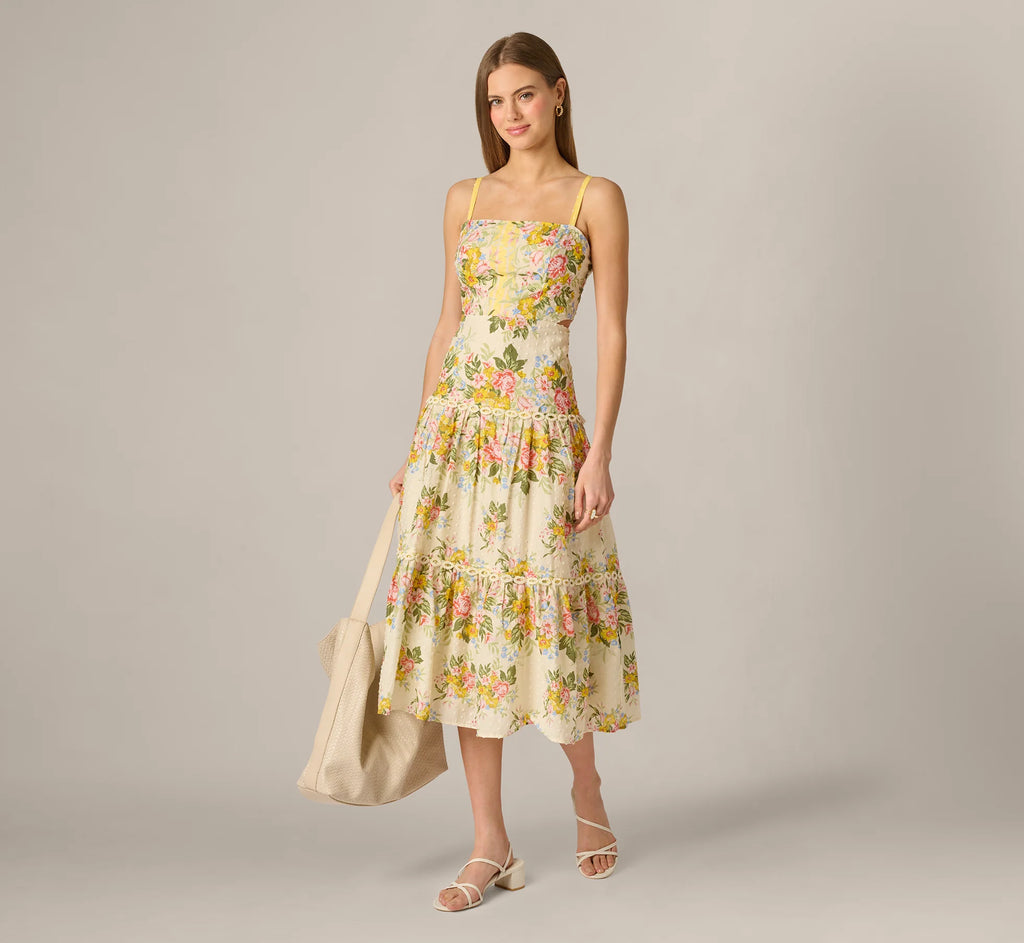 Cotton Vintage Floral Midi Sundress In Pale Yellow